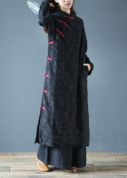 Simple black print clothes Women stand collar Chinese Button Kaftan Dresses - SooLinen