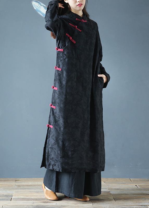 Simple black print clothes Women stand collar Chinese Button Kaftan Dresses - SooLinen