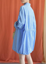 Simple blue Cotton dresses drawstring Knee fall Shirt Dresses - SooLinen