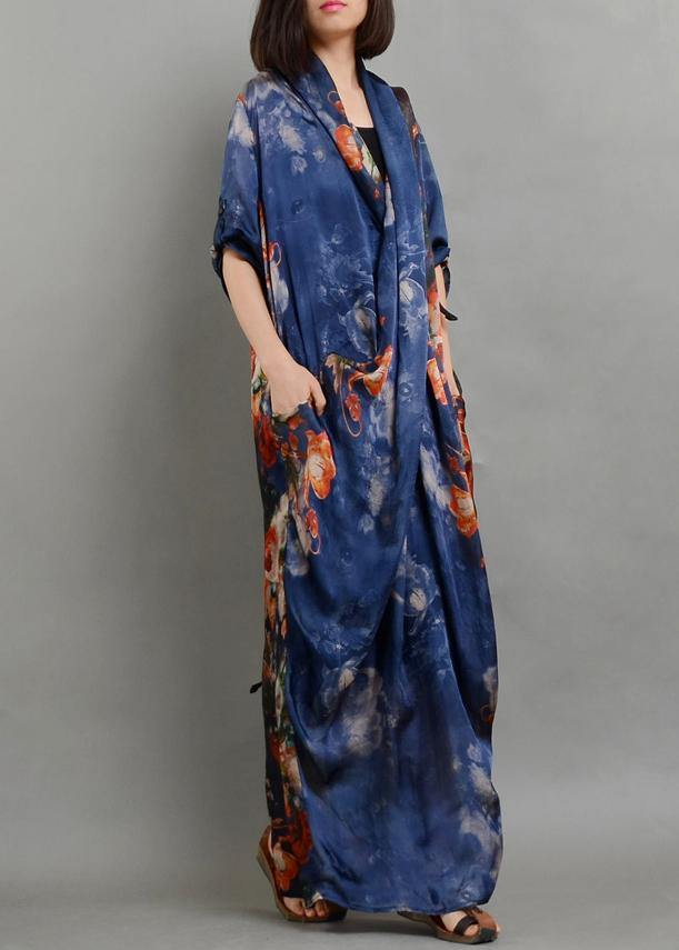 Simple blue print chiffon dress long Fitted Ideas v neck asymmetric linen robes Summer Dresses - SooLinen