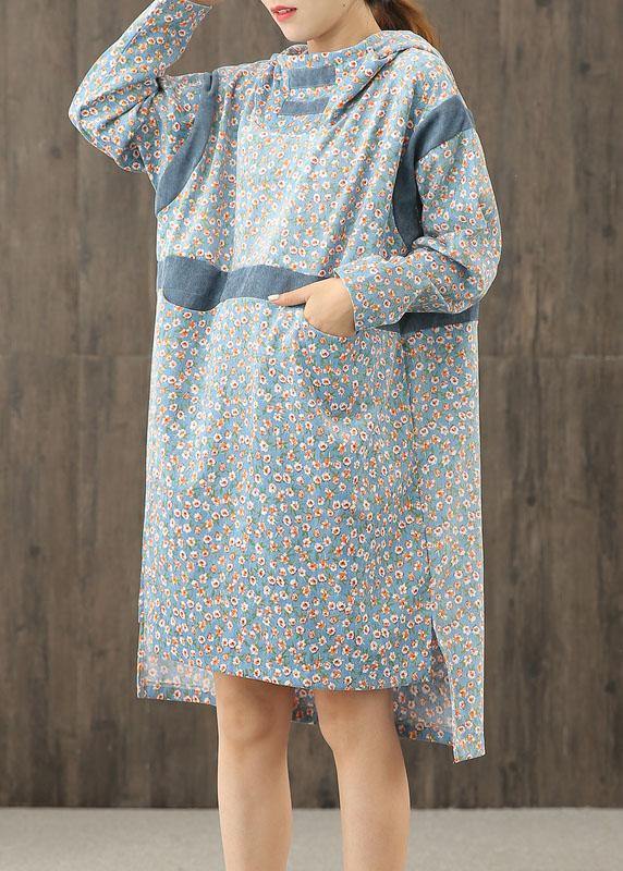 Simple blue print hooded patchwork shift Dresses - SooLinen