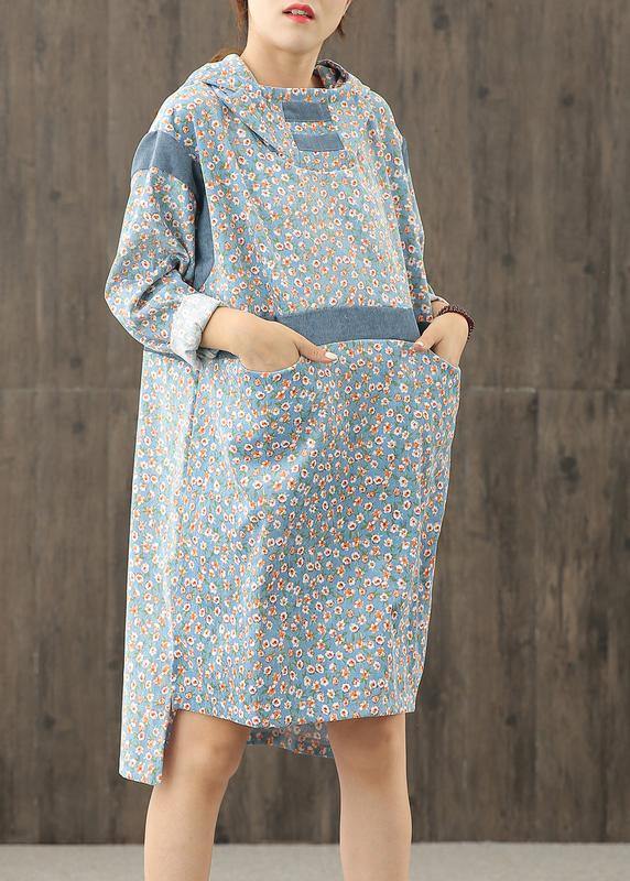 Simple blue print hooded patchwork shift Dresses - SooLinen