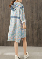 Simple blue print hooded patchwork shift Dresses - SooLinen