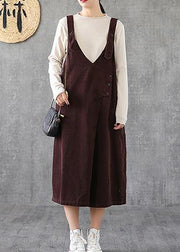 Simple chocolate cotton Tunics Spaghetti Strap pockets Kaftan Dresses - SooLinen