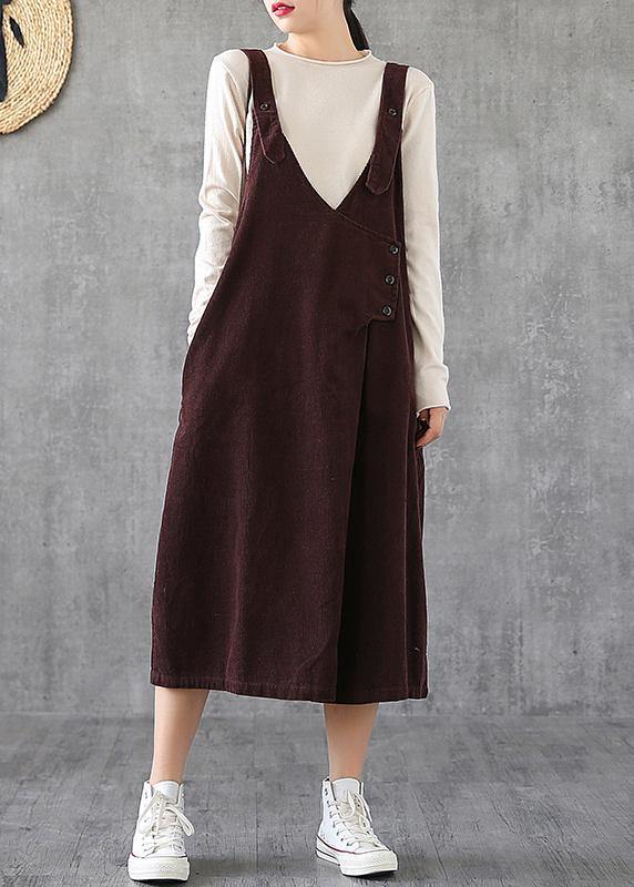 Simple chocolate cotton Tunics Spaghetti Strap pockets Kaftan Dresses - SooLinen