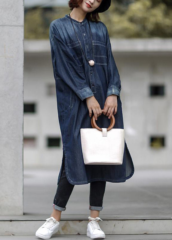 Simple cotton dress Fitted Blue Autumn Casual Cotton Solid Slit Denim Dress