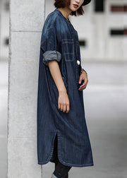 Simple cotton dress Fitted Blue Autumn Casual Cotton Solid Slit Denim Dress