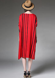 Simple cotton linen clothes For Women Fashion red Striped Print Summer Plus Size Dress - SooLinen