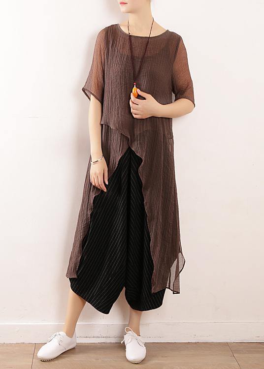 Simple gray linen tops women blouses o neck Knee summer shirt - SooLinen