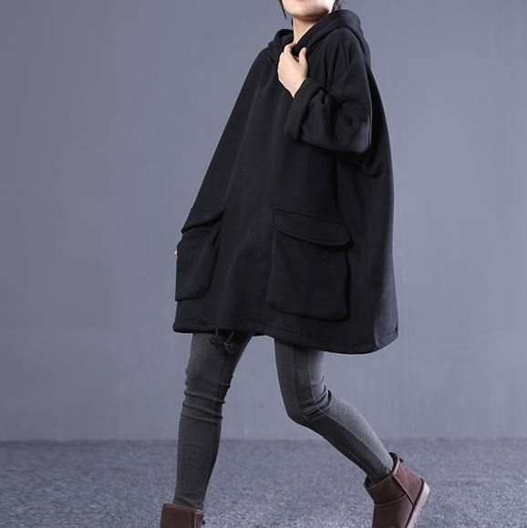 Simple hooded drawstring spring shirts women black tops - SooLinen