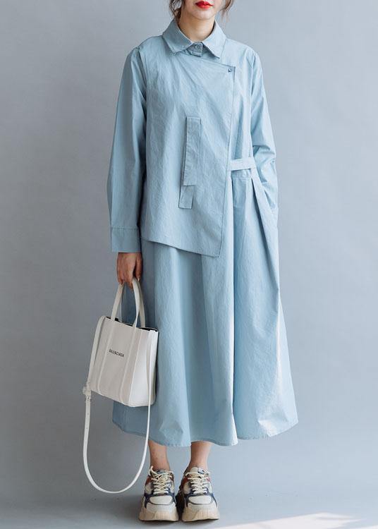 Simple lapel asymmetric cotton Wardrobes Shirts blue cotton robes Dresses fall - SooLinen