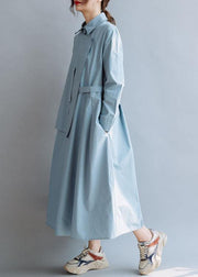 Simple lapel asymmetric cotton Wardrobes Shirts blue cotton robes Dresses fall - SooLinen