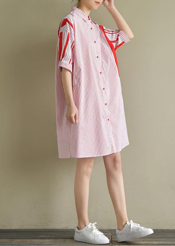 Simple lapel patchwork Cotton clothes For Women red striped Dresses summer - SooLinen