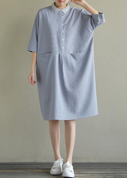 Simple lapel pockets linen dresses Ideas blue gray Plaid Dress summer - SooLinen