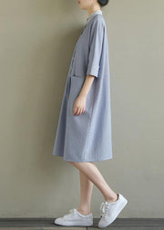 Simple lapel pockets linen dresses Ideas blue gray Plaid Dress summer - SooLinen