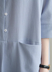 Simple lapel pockets linen dresses Ideas blue gray Plaid Dress summer - SooLinen