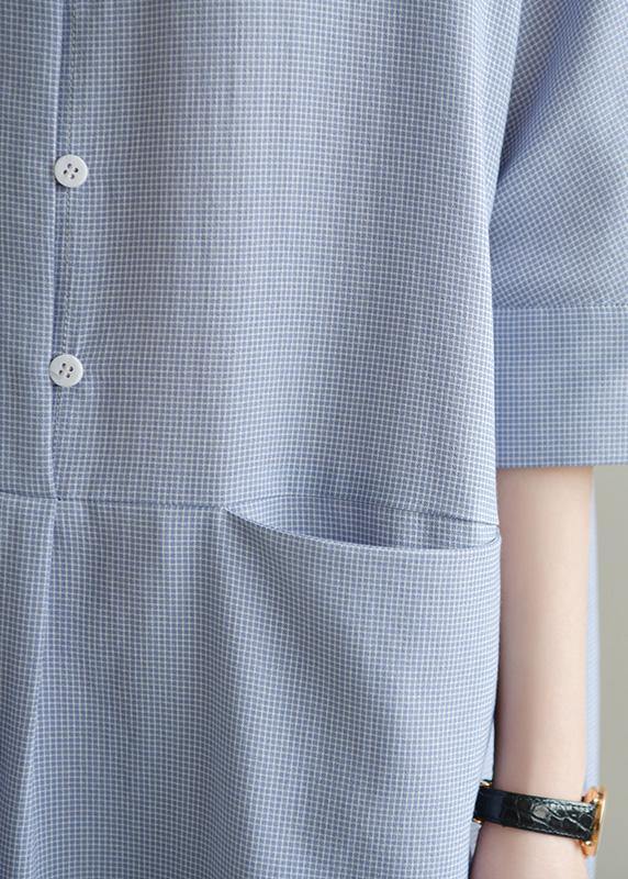 Simple lapel pockets linen dresses Ideas blue gray Plaid Dress summer - SooLinen