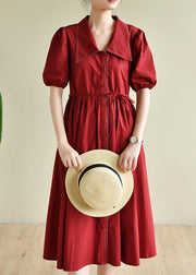 Simple lapel Cinched Summer clothes 2021 red loose Dress - SooLinen