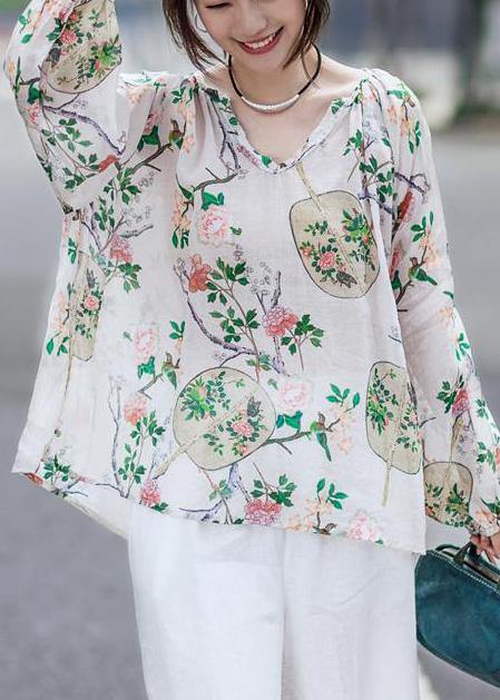 Simple linen box top Fashion Print Cotton Linen V-Neck Lantern Sleeve Blouse - SooLinen