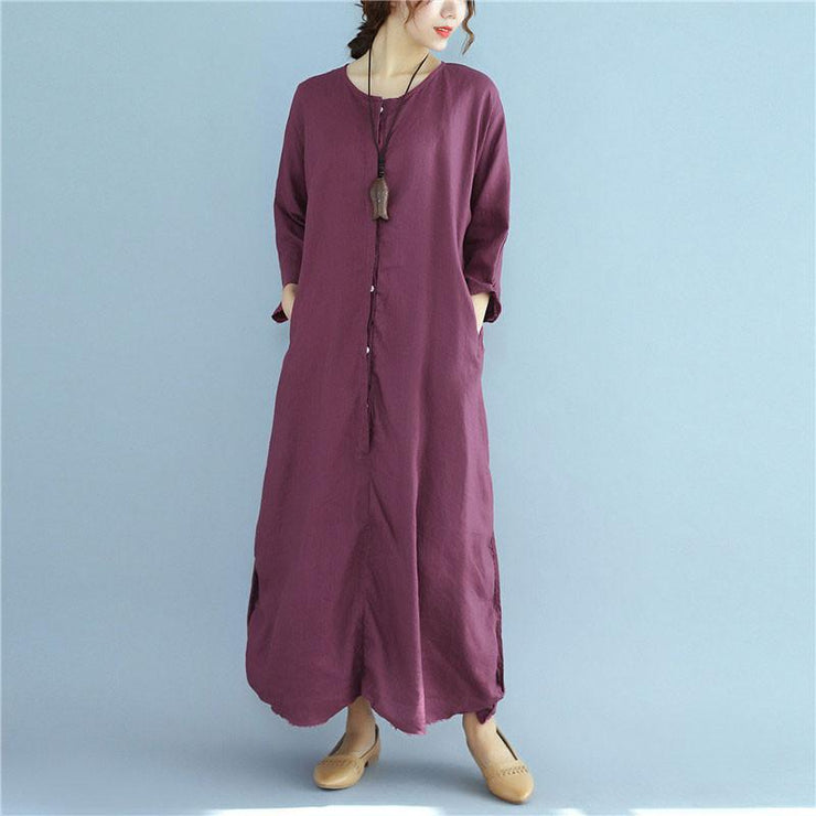 Einfache Leinenkleider, tailliertes, lockeres, langärmliges Leinenkleid für Damen, weinrot