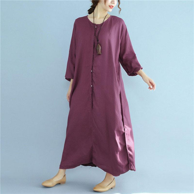 Simple linen dresses Fitted Loose Linen Long Sleeve Women Wine Red Dress