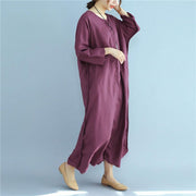 Simple linen dresses Fitted Loose Linen Long Sleeve Women Wine Red Dress