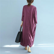 Simple linen dresses Fitted Loose Linen Long Sleeve Women Wine Red Dress