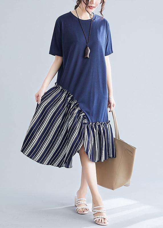 Simple navy patchwork striped cotton Tunics o neck long summer Dress - SooLinen