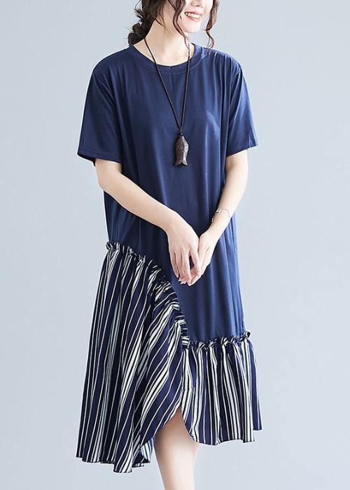 Simple navy patchwork striped cotton Tunics o neck long summer Dress - SooLinen