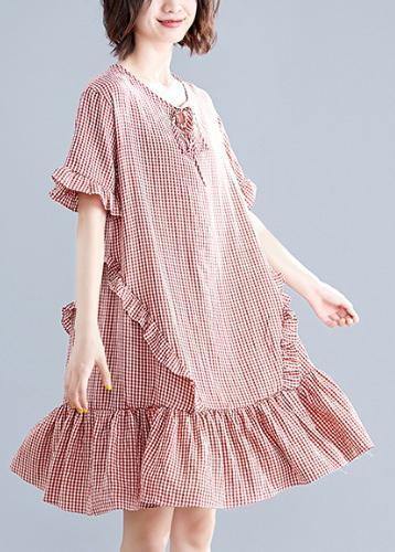 Simple o neck Ruffles Cotton clothes Inspiration red plaid Dress - SooLinen