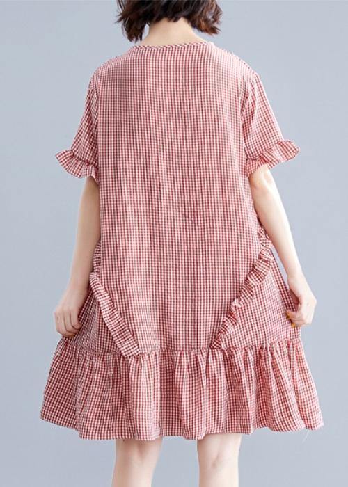 Simple o neck Ruffles Cotton clothes Inspiration red plaid Dress - SooLinen