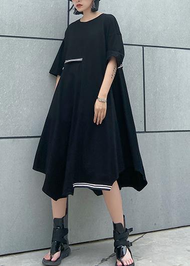 Simple o neck asymmetric Cotton summer clothes Work black Dresses - SooLinen