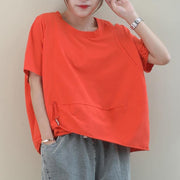 Simple o neck baggy cotton Blouse design orange blouse - SooLinen