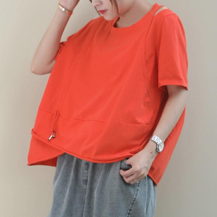 Simple o neck baggy cotton Blouse design orange blouse - SooLinen