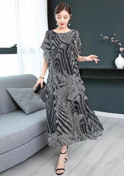 Simple o neck chiffon Wardrobes Women Sewing black print Kaftan Dress - SooLinen