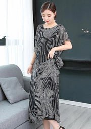 Simple o neck chiffon Wardrobes Women Sewing black print Kaftan Dress - SooLinen