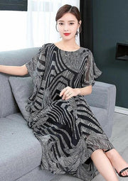 Simple o neck chiffon Wardrobes Women Sewing black print Kaftan Dress - SooLinen