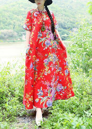 Simple o neck cotton Wardrobes Sewing red prints Traveling Dresses summer - SooLinen