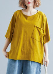 Simple o neck half sleeve cotton summer top silhouette yellow shirt - SooLinen