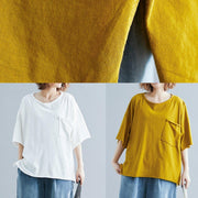 Simple o neck half sleeve cotton summer top silhouette yellow shirt - SooLinen