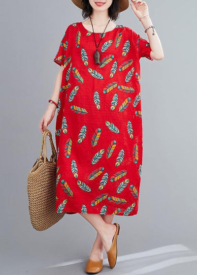 Simple o neck linen clothes For Women Runway red Feather print Dresses - SooLinen