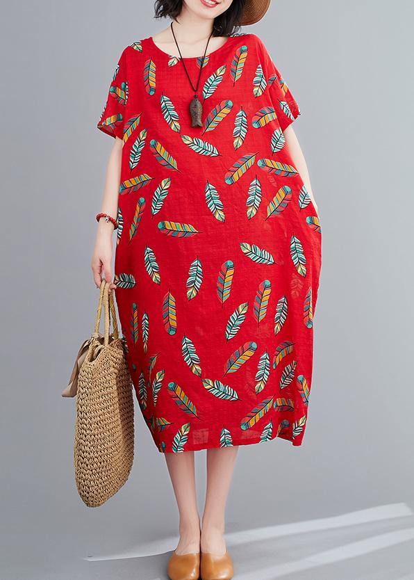 Simple o neck linen clothes For Women Runway red Feather print Dresses - SooLinen