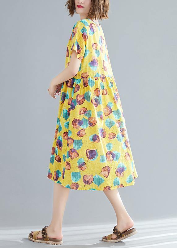 Simple o neck patchwork cotton Wardrobes Fitted Photography yellow print cotton Dresses Summer - SooLinen