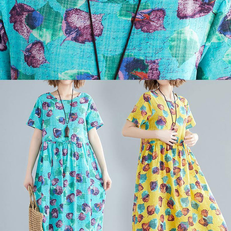 Simple o neck patchwork cotton Wardrobes Fitted Photography yellow print cotton Dresses Summer - SooLinen