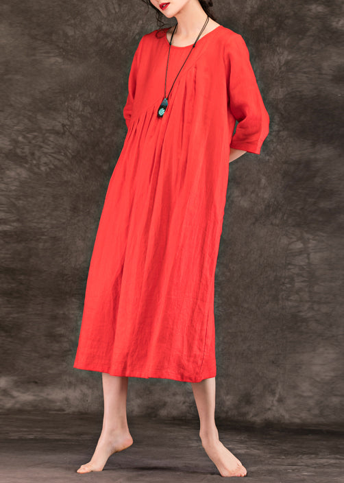 Simple o neck patchwork linen Robes 18th Century Shape orange Dresses Summer