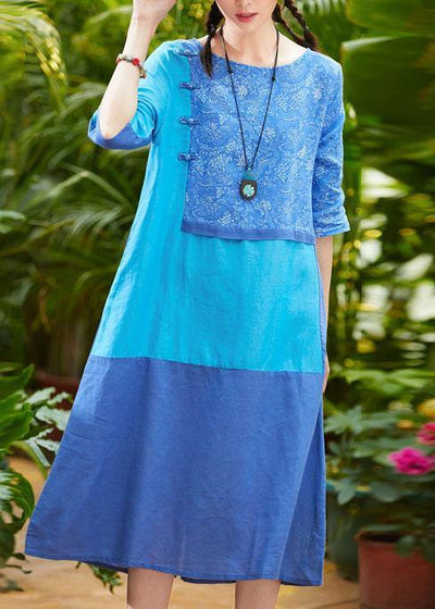 Simple o neck pockets linen dresses design blue print Dress summer - SooLinen