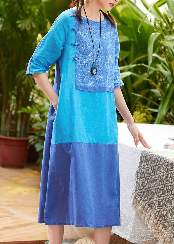 Simple o neck pockets linen dresses design blue print Dress summer - SooLinen