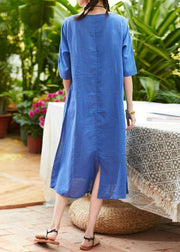 Simple o neck pockets linen dresses design blue print Dress summer - SooLinen