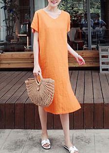 Simple o neck side open Cotton Wardrobes Photography orange Dress - SooLinen