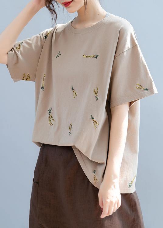 Simple o neck top Work brown embroidery tops - SooLinen